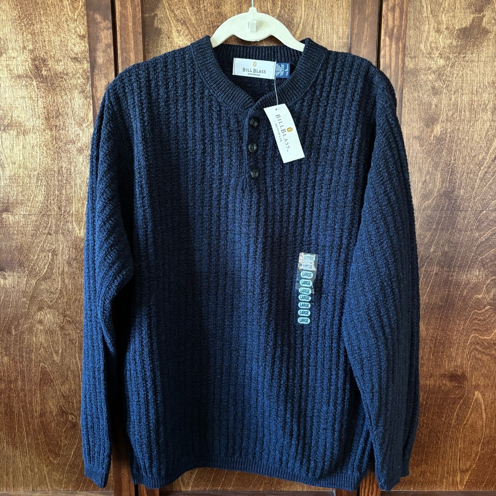 Vintage NWT Bill Blass Mens Sz L Navy Henley Knit 90s Grandpa Cable